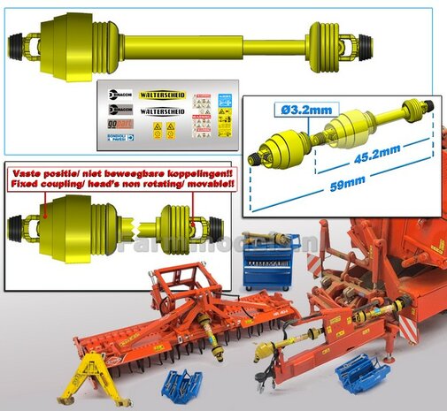 UITSCHUIFBARE GROOTHOEK Aftakas KOPPEN RECHT L in: 45.2mm L. uit: 59mm Buis &Oslash;3.2mm  GEEL met 2x ZWART/GELE aansluitgaffels incl. Pr&eacute;-Cut Stickerset  1:32