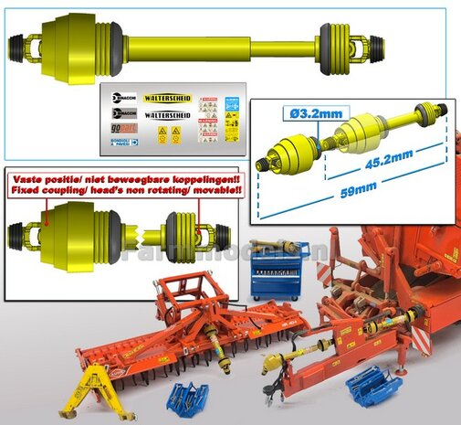 UITSCHUIFBARE GROOTHOEK Aftakas DELUXE KOPPEN RECHT L in: 45.2mm L. uit: 59mm Buis &Oslash;3.2mm  GEEL met 2x ZWART/GELE aansluitgaffels incl. Pr&eacute;-Cut Stickerset  1:32