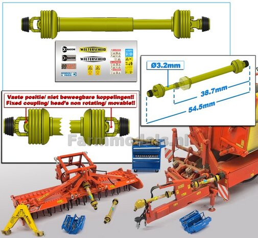 UITSCHUIFBARE Aftakas KOPPEN RECHT Lengte in: 38.7mm L. uit: 54.5mm Buis &Oslash;3.2mm  (WALTERSCHEID) GEEL met 2x ZWART/GELE aansluitgaffels incl. Pr&eacute;-Cut Stickerset  1:32