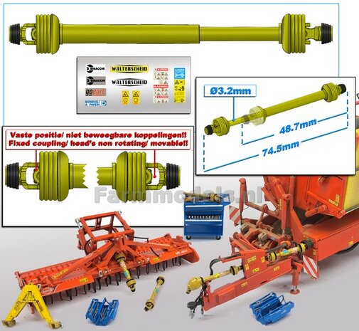 UITSCHUIFBARE Aftakas KOPPEN RECHT L in: 48.7mm L. uit: 74.5mm Buis &Oslash;3.2mm  (WALTERSCHEID) GEEL met 2x ZWART/GELE aansluitgaffels incl. Pr&eacute;-Cut Stickerset  1:32