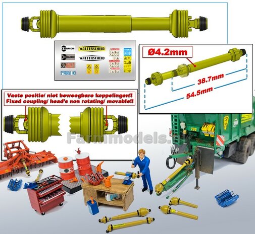 DIK: UITSCHUIFBARE Aftakas KOPPEN RECHT L. in: 38.7mm L. uit: 54.5mm Buis &Oslash;4.2mm  (WALTERSCHEID) GEEL met 2x ZWART/GELE aansluitgaffels incl. Pr&eacute;-Cut Stickerset  1:32