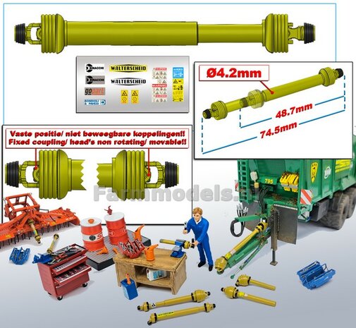 DIK: UITSCHUIFBARE Aftakas KOPPEN RECHT L. in: 48.7mm L. uit: 74.5mm Buis &Oslash;4.2mm  (WALTERSCHEID) GEEL met 2x ZWART/GELE aansluitgaffels incl. Pr&eacute;-Cut Stickerset  1:32