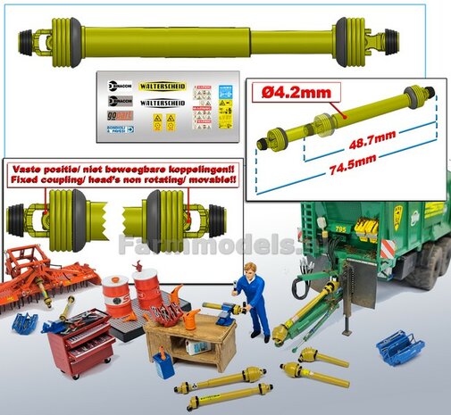 DIK: UITSCHUIFBARE Aftakas KOPPEN RECHT DELUXE L in: 48.7mm L. uit: 74.5mm Buis &Oslash;4.2mm  ZWART/ GEEL met 2x ZWART/GELE aansluitgaffels incl. Pr&eacute;-Cut Stickerset  1:32