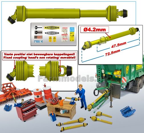 DIK: UITSCHUIFBARE Aftakas 1x KOP HANGEND L. in: 47.5mm L. uit: 72.5mm Buis &Oslash;4.2mm  (WALTERSCHEID) GEEL met 2x ZWART/GELE aansluitgaffels incl. Pr&eacute;-Cut Stickerset  1:32