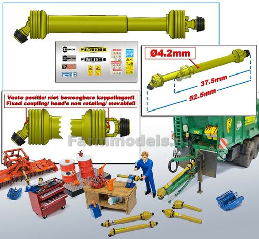 DIK: UITSCHUIFBARE Aftakas 1x KOP HANGEND L. in: 37.5mm L. uit: 52.5mm Buis &Oslash;4.2mm  (WALTERSCHEID) GEEL met 2x ZWART/GELE aansluitgaffels incl. Pr&eacute;-Cut Stickerset  1:32