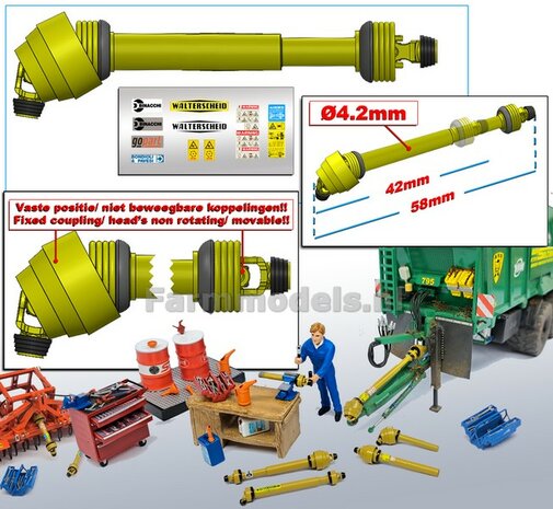 DIK: UITSCHUIFBARE GROOTHOEK Aftakas DELUXE 1x KOP HANGEND L in: 42mm L. uit: 58mm Buis &Oslash;4.2mm  GEEL met 2x ZWART/GELE aansluitgaffels incl. Pr&eacute;-Cut Stickerset  1:32