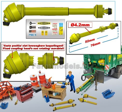 DIK: UITSCHUIFBARE GROOTHOEK Aftakas 1x KOP HANGEND L in: 52mm L. uit: 76mm Buis &Oslash;4.2mm  GEEL met 2x ZWART/GELE aansluitgaffels incl. Pr&eacute;-Cut Stickerset  1:32