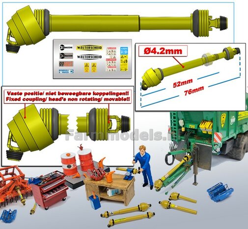 DIK: UITSCHUIFBARE GROOTHOEK Aftakas DELUXE 1x KOP HANGEND L in: 52mm L. uit: 76mm Buis &Oslash;4.2mm  GEEL met 2x ZWART/GELE aansluitgaffels incl. Pr&eacute;-Cut Stickerset  1:32