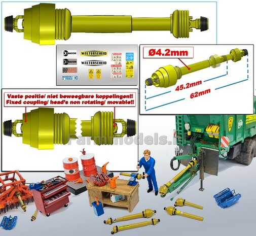 DIK: UITSCHUIFBARE GROOTHOEK Aftakas KOPPEN RECHT L in: 45.2mm L. uit: 62mm Buis &Oslash;4.2mm  GEEL met 2x ZWART/GELE aansluitgaffels incl. Pr&eacute;-Cut Stickerset  1:32