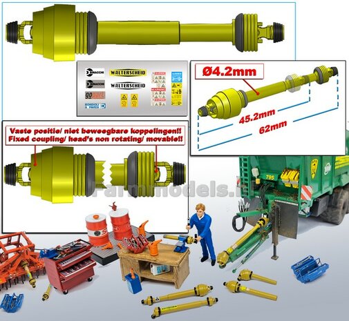 DIK: UITSCHUIFBARE GROOTHOEK Aftakas DELUXE KOPPEN RECHT L in: 45.2mm L. uit: 59mm Buis &Oslash;4.2mm  GEEL met 2x ZWART/GELE aansluitgaffels incl. Pr&eacute;-Cut Stickerset  1:32