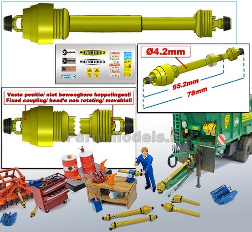 DIK: UITSCHUIFBARE GROOTHOEK Aftakas KOPPEN RECHT L in: 55.2mm L. uit: 78mm Buis &Oslash;4.2mm  GEEL met 2x ZWART/GELE aansluitgaffels incl. Pr&eacute;-Cut Stickerset  1:32