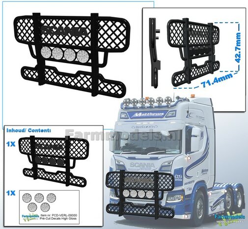 SCANIA BULL BAR afm. 71.4 x 42.7mm 4 VERSTRALERS Resin ZWART Gespoten incl. 5x Verstraler Pr&eacute;-Cut-Decals met HIGH-GLOSS effect 1:32