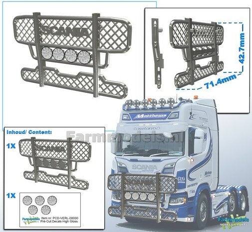 SCANIA BULL BAR  afm. 71.4 x 42.7mm + 4 VERSTRALERS  Resin CHROOM Gespoten incl. 5x Verstraler Pr&eacute;-Cut Decals met HIGH GLOSS effect 1:32   Scania/ Universeel 1:32 