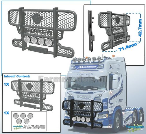 SCANIA met V8 SUPER logo BULL BAR  afm. 71.4 x 42.7mm + 4 VERSTRALERS  RESIN, BLANK  incl. 5x Verstraler Pr&eacute;-Cut Decals met HIGH GLOSS effect 1:32  