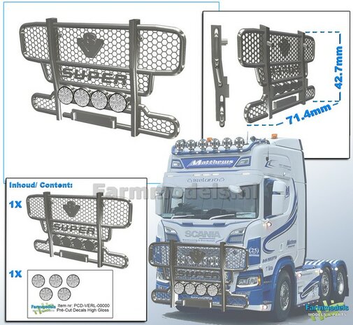 SCANIA met V8 SUPER logo BULL BAR afm. 71.4 x 42.7mm 4-VERSTRALERS Resin CHROOM Gespoten incl. 5x-Verstraler Pr&eacute;-Cut-Decals met HIGH-GLOSS effect 1:32