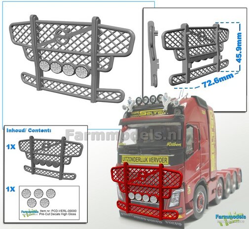 VOLVO BULL BAR LOGO &amp; STREEP afm. 72.6 x 45.9mm + 4 VERSTRALERS  RESIN, BLANK  incl. 5x Verstraler Pr&eacute;-Cut Decals met HIGH GLOSS effect 1:32  