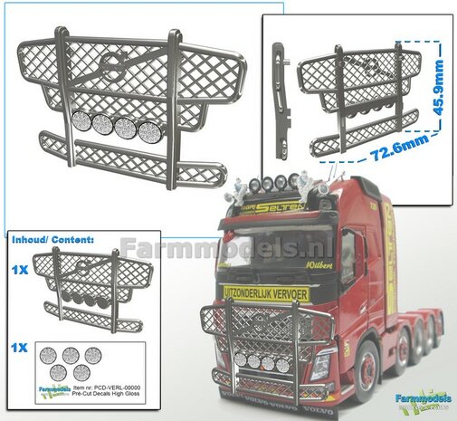 VOLVO BULL BAR LOGO &amp; STREEP  afm. 72.6 x 45.9mm 4-VERSTRALERS Resin CHROOM Gespoten incl. 5x-Verstraler Pr&eacute;-Cut-Decals met HIGH-GLOSS effect 1:32