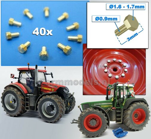 40 Stuks  6-Kant Messing Wiel Bouten Afm. ong. &Oslash; 1.6 x 3mm  1:32  