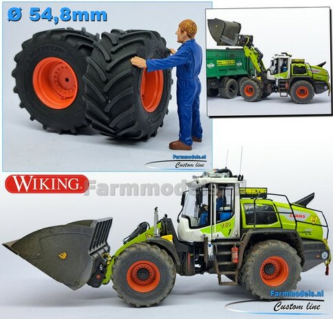 CLAAS TORION/ LIEBHERR: 2x Michelin Axiobib2  &Oslash;  54.8 x 25.8 mm Banden + Resin Velgen CLAAS ORANJE Gespoten 1:32 Farmmodels Premium Line Series 