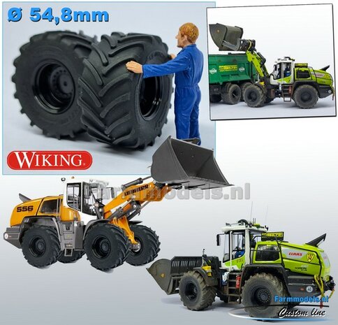 CLAAS TORION/ LIEBHERR: 2x Michelin Axiobib2  &Oslash;  54.8 x 25.8 mm Banden + Resin Velgen ZWART GLANS Gespoten 1:32 Farmmodels Premium Line Series 