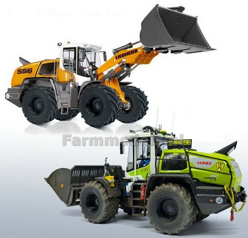 CLAAS TORION/ LIEBHERR: 2x Michelin Axiobib2  &Oslash;  54.8 x 25.8 mm Banden + Resin Velgen ZWART GLANS Gespoten 1:32 Farmmodels Premium Line Series 