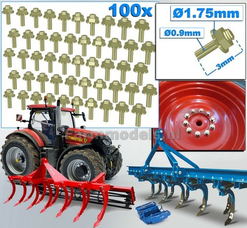 100 Stuks MESSING kleur  MOEREN op DRAAD-EIND  Afm. &Oslash; 1.75 x 3mm    6-Kant Moer + O-Ring     Materiaal: RESIN op kleur geleverd  1:32  