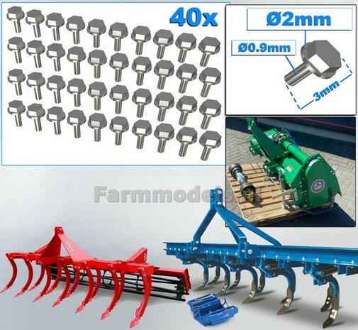 40 Stuks ALUMINIUM kleur WIEL MOEREN/ BOUTEN   Afm. &Oslash; 2 x 3mm    6-Kant Boutkop/ Moer + O-Ring Materiaal: Resin op kleur geleverd 1:32  