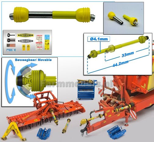 Beweegbare Aftakas Lengte in: 33mm L. uit: 44.2mm Buis &Oslash;4.1mm  GEEL met 2x aansluitgaffels incl. Pr&eacute;-Cut Stickerset  1:32  