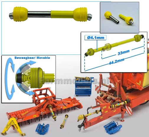 Beweegbare Aftakas Lengte in: 33mm L. uit: 44.2mm Buis &Oslash;4.1mm  GEEL met 2x aansluitgaffels ZONDER  Stickerset  1:32  