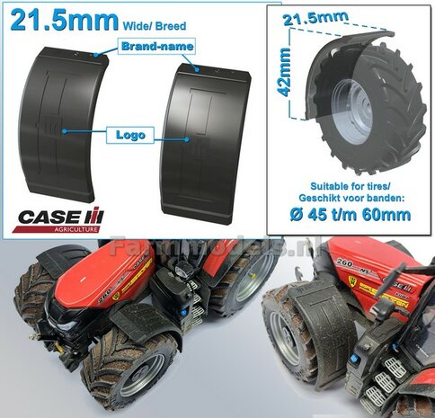 2x CASE IH spatborden 21.5 mm breed &quot;BIG &Oslash;&quot; Version ZONDER STEUNEN Resin in ZWART RUBBER COMPOUND Gespoten geleverd 1:32