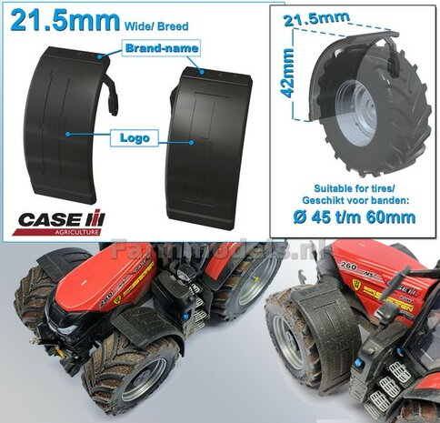 2x CASE IH spatborden 21.5 mm breed &quot;BIG &Oslash;&quot; Version MET STEUNEN Resin in ZWART RUBBER COMPOUND Gespoten geleverd 1:32