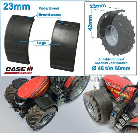 2x CASE IH spatborden 23 mm breed &quot;BIG &Oslash;&quot; Version ZONDER STEUNEN Resin in ZWART RUBBER COMPOUND Gespoten geleverd 1:32