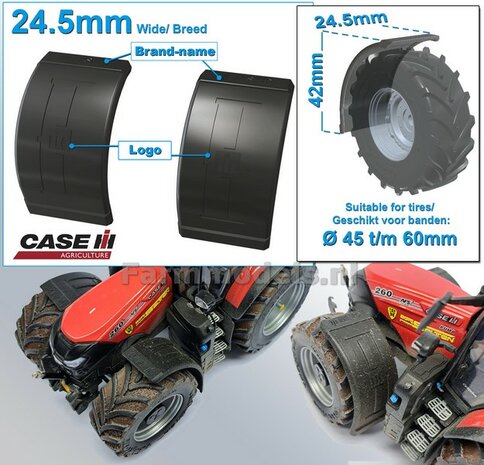 2x CASE IH spatborden 24.5 mm breed &quot;BIG &Oslash;&quot; Version ZONDER STEUNEN Resin in ZWART RUBBER COMPOUND Gespoten geleverd 1:32