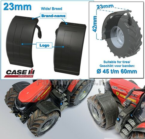 2x CASE IH spatborden 23 mm breed &quot;BIG &Oslash;&quot; Version MET STEUNEN Resin in ZWART RUBBER COMPOUND Gespoten geleverd 1:32