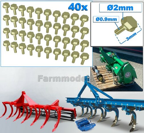 40 Stuks MESSING kleur WIEL MOEREN/ BOUTEN   Afm. &Oslash; 2 x 3mm    6-Kant Boutkop/ Moer + O-Ring Materiaal: Resin op kleur geleverd 1:32  