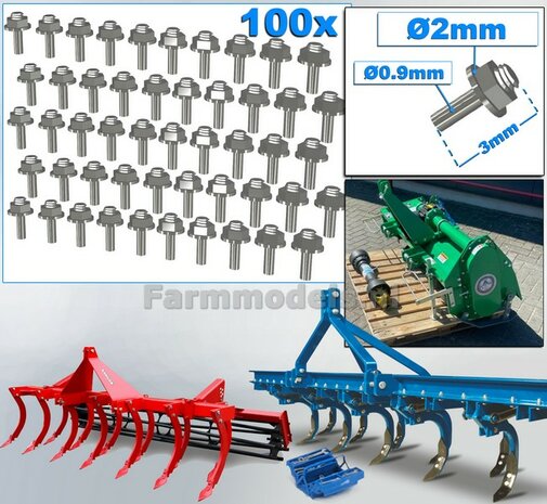 100 Stuks ALUMINIUM kleur  MOEREN op DRAAD-EIND  Afm. &Oslash; 2 x 3mm    6-Kant Moer + O-Ring     Materiaal: RESIN op kleur geleverd  1:32  