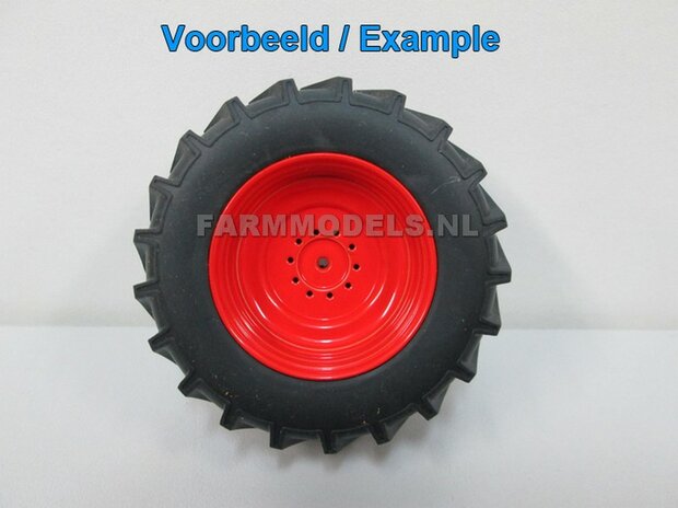 VREDO VT 7028: 2x Michelin 1050 lagedruk Banden &Oslash; 61.5 x 33.3 mm + ALU. velgen VREDO GEEL gespoten 1:32 Farmmodels Custom Line Series    