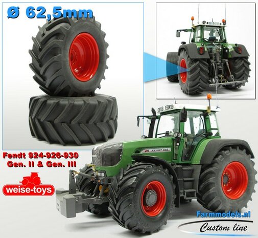 Fendt 924/ 926/ 930 Gen II &amp; Gen. III: 2x Brede Banden &Oslash; 62.5 x 27.7 mm + ALUMINIUM velgen FENDT ROOD Gespoten 1:32 Farmmodels Custom Line Series 926/ 930 Gen II en Gen. III  1:32                        