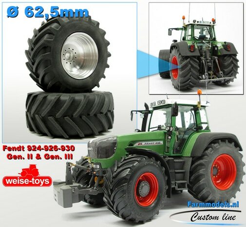 Fendt 924/ 926/ 930 Gen II &amp; Gen. III: 2x Brede Banden &Oslash; 62.5 x 27.7 mm + ALUMINIUM velgen BLANK 1:32 Farmmodels Custom Line Series 926/ 930 Gen II en Gen. III 1:32  