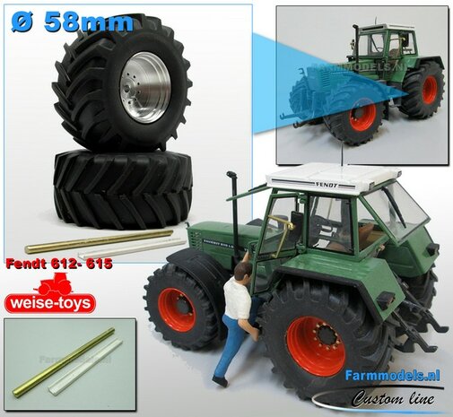 FENDT 612- 615 WeiseToys: Brede banden &Oslash; 58 x 28 m + ALUMINIUM velgen BLANK &Oslash;3 mm as + U-profiel geleverd 1:32 Farmmodels Custom Line Series   