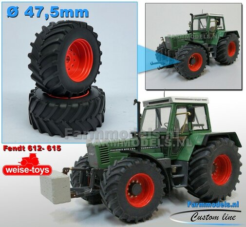 Fendt 612- 615 WeiseToys: Brede Vooras banden &Oslash; 47.5 mm x 20,5 mm breed + ALU. velgen FENDT ROOD geleverd 1:32 Farmmodels Custom Line Series 