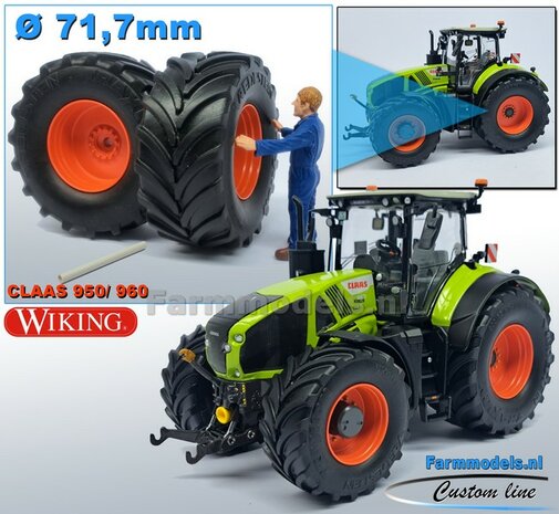 CLAAS 950/ 960 Wiking: 2x Vredestein Banden &Oslash; 71.7 mm Kunststof Velgen CLAAS ORANJE Gespoten  1:32   Farmmodels Custom Line Series  