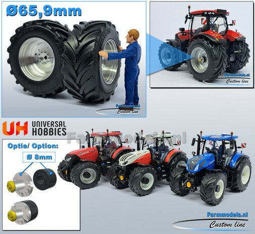 CASE 260/ NH T7.300/ STEYR 6280 UH: 2x Brede Banden &Oslash; 65.9 x 29.2 mm + ALUMINIUM velgen BLANK geleverd 1:32 Farmmodels Custom Line Series  