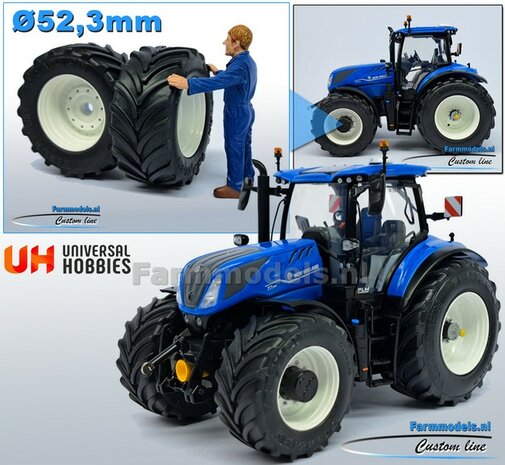 NEW HOLLAND T7.300 BLUE UH: 2x Brede Banden &Oslash; 52.3 x 24.2 mm + ALU. Velgen NEW HOLLAND WIT Gespoten 1:32 Farmmodels Custom Line Series  