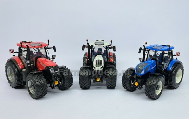 NEW HOLLAND T7.300 BLUE UH: 2x Brede Banden &Oslash; 52.3 x 24.2 mm + ALU. Velgen NEW HOLLAND WIT Gespoten 1:32 Farmmodels Custom Line Series  