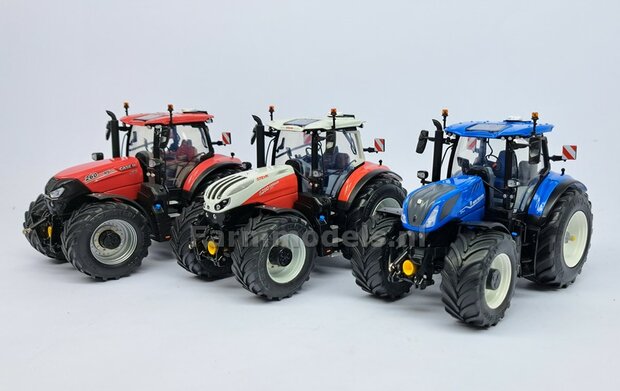 NEW HOLLAND T7.300 BLUE UH: 2x Brede Banden &Oslash; 52.3 x 24.2 mm + ALU. Velgen NEW HOLLAND WIT Gespoten 1:32 Farmmodels Custom Line Series  