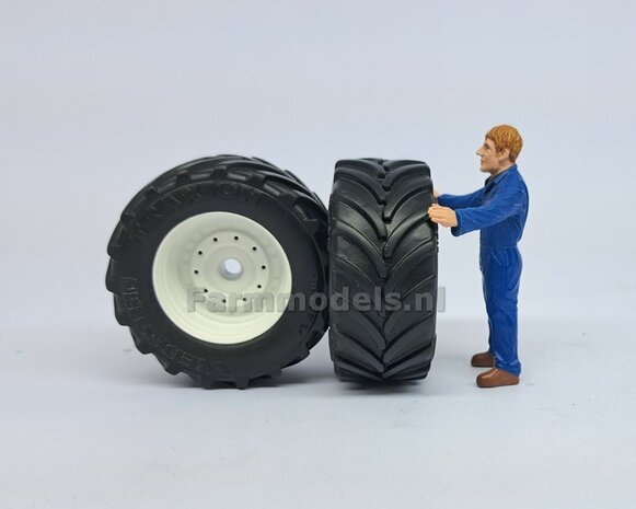 NEW HOLLAND T7.300 BLUE UH: 2x Brede Banden &Oslash; 52.3 x 24.2 mm + ALU. Velgen NEW HOLLAND WIT Gespoten 1:32 Farmmodels Custom Line Series  