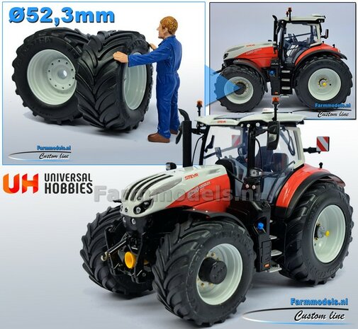 STEYR 6280 CVT UH: 2x Brede Banden &Oslash; 52.3 x 24.2 mm + ALU. Velgen STEYR WIT Gespoten 1:32 Farmmodels Custom Line Series  