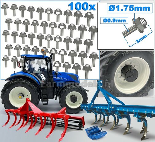 100 Stuks ALUMINIUM kleur  MOEREN op DRAAD-EIND  Afm. &Oslash; 1.75 x 3mm    6-Kant Moer + O-Ring     Materiaal: RESIN op kleur geleverd  1:32  