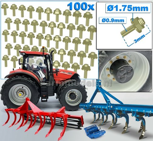 100 Stuks MESSING kleur  MOEREN op DRAAD-EIND  Afm. &Oslash; 1.75 x 3mm    6-Kant Moer + O-Ring     Materiaal: RESIN op kleur geleverd  1:32  